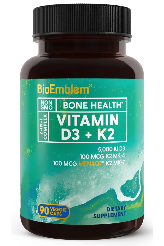 BioEmblem-vitamiini D3 K2 kapselit (5000IU ja 200 mcg) - Patentoitu MK7 ja MK4 3-in-1 Complex Support - kasvissyöjä D-vitamiini K2 täydentää hampaat, sydän, immuunijärjestelmä - ei-GMO, 90 Caps
