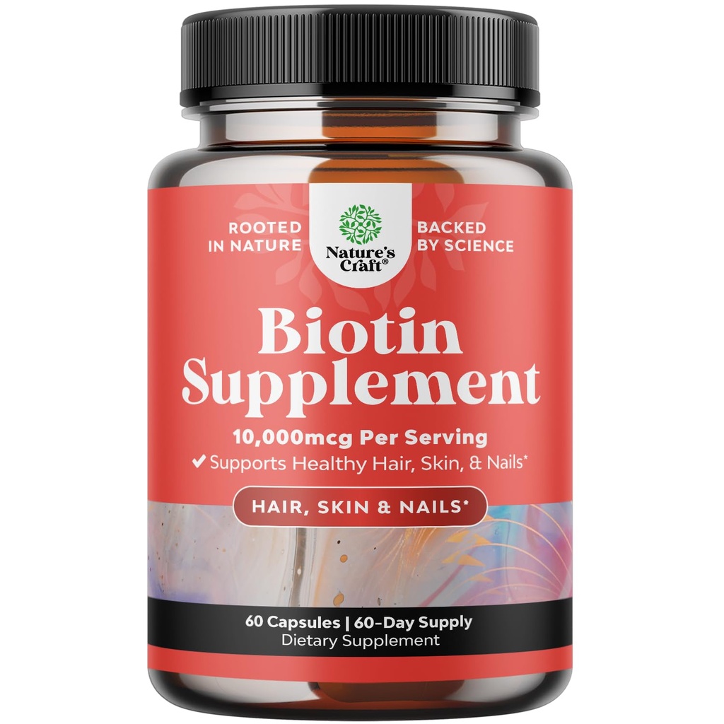 Natures Craft 10000 mcg Ren Biotin piller för kvinnor män - främjar tjockare och fullare hår. Naturligt tillskott för glänsande tjock hårväxt - Vegetariska vitaminkapslar - Få klar hud starka naglar