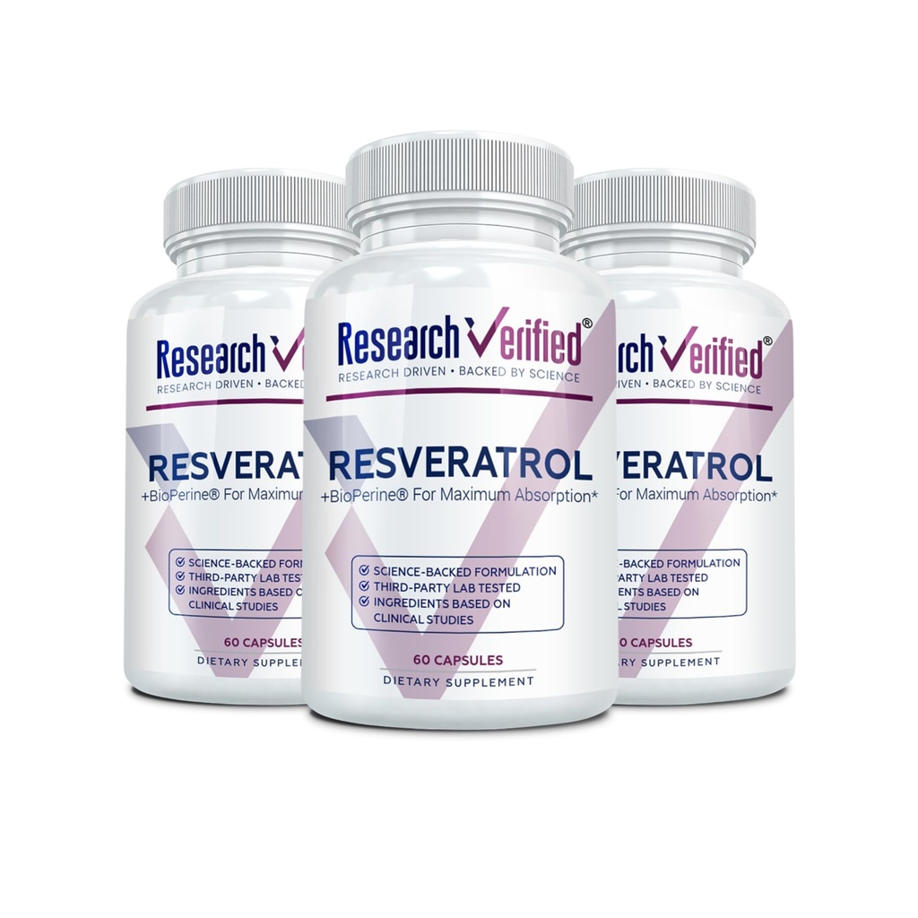 Tutkimus Varmennettu Resveratrol - 98% Trans- Resveratrol 1000 mg, anti-aging tuki - 60 kapselia per pullo - 3 pulloa