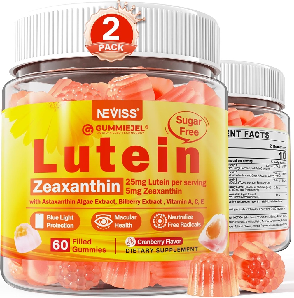 2 Pack Lutein och Zeaxanthin Supplements Gummies (25mg) Vitaminer A, C, E, Bilberry, Astaxanthin - Coconut Oil för bättre absorption - för vuxna & Teens Vision, Eye, Brain, Skin - Vegan, Sugar Free