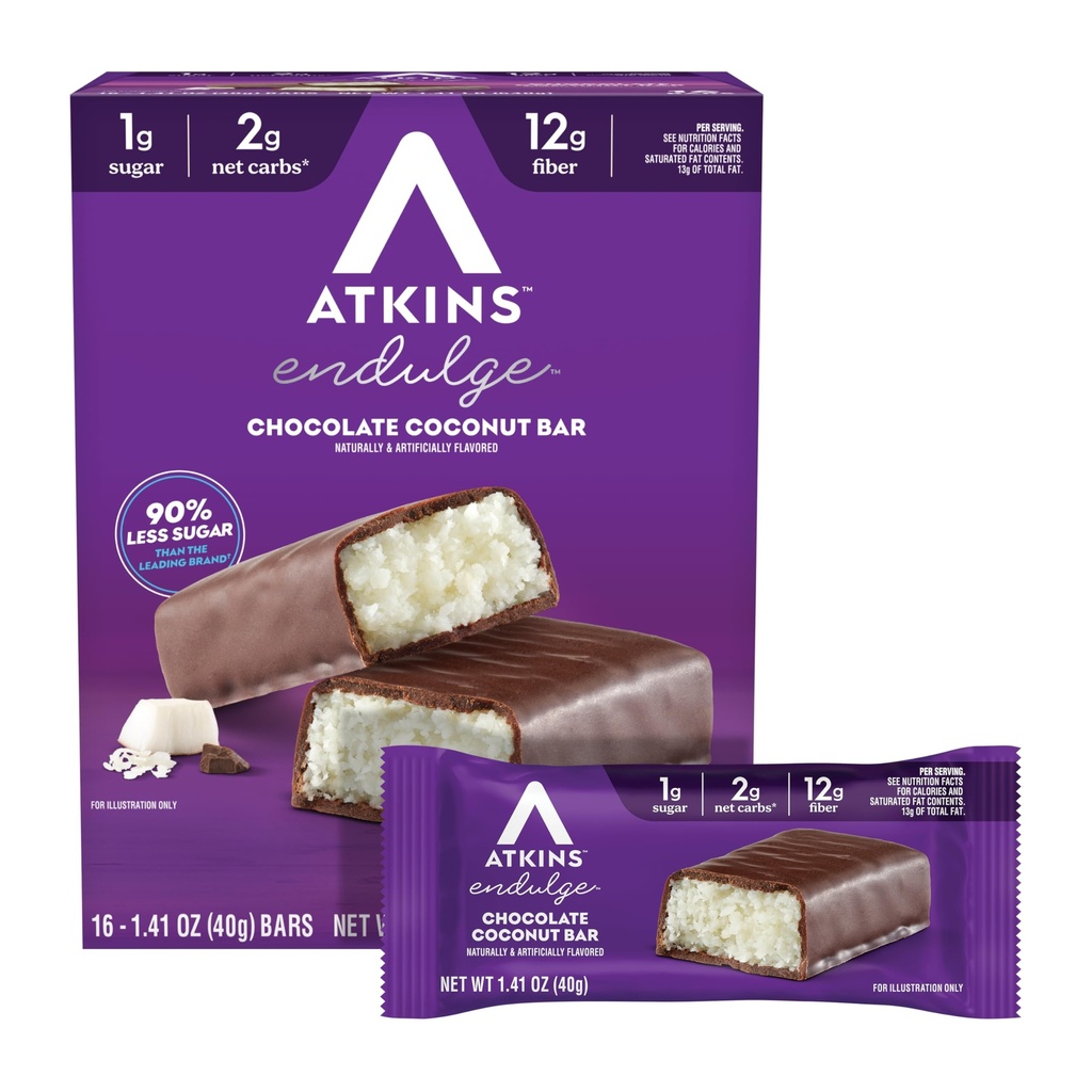 Atkins Endulge Chocolate Coconut Flavored Bar, Low Sugar Treat, Korkea kuitua, 16 Count