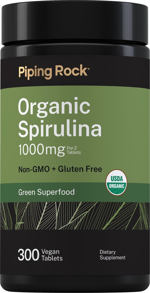 Piping Rock Organic Spirulina | 1000mg | 300 tabletter | Arthrospira Platensis | Vegetarian, icke-GMO, Gluten fri tillägg