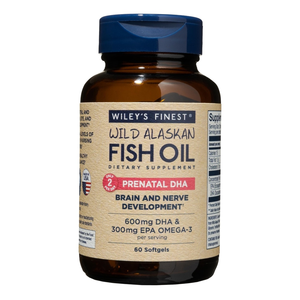 Wileyn Finest Wild Alaskan Fish Oil Prenatal DHA - 900mg EPA ja DHA Omega-3s raskaana oleville naisille ja hoitoäideille - 60 Softgels (30 prenatal vitamiineja)