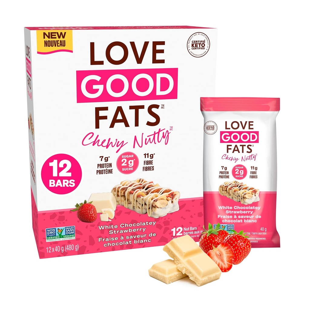 Love Good Fats Chewy Nutty White Chocolatey Mansikka Keto Bars - Low Carb Protein Välipalat - 12 pakkaus (1.59oz / 45g kunkin baarin)