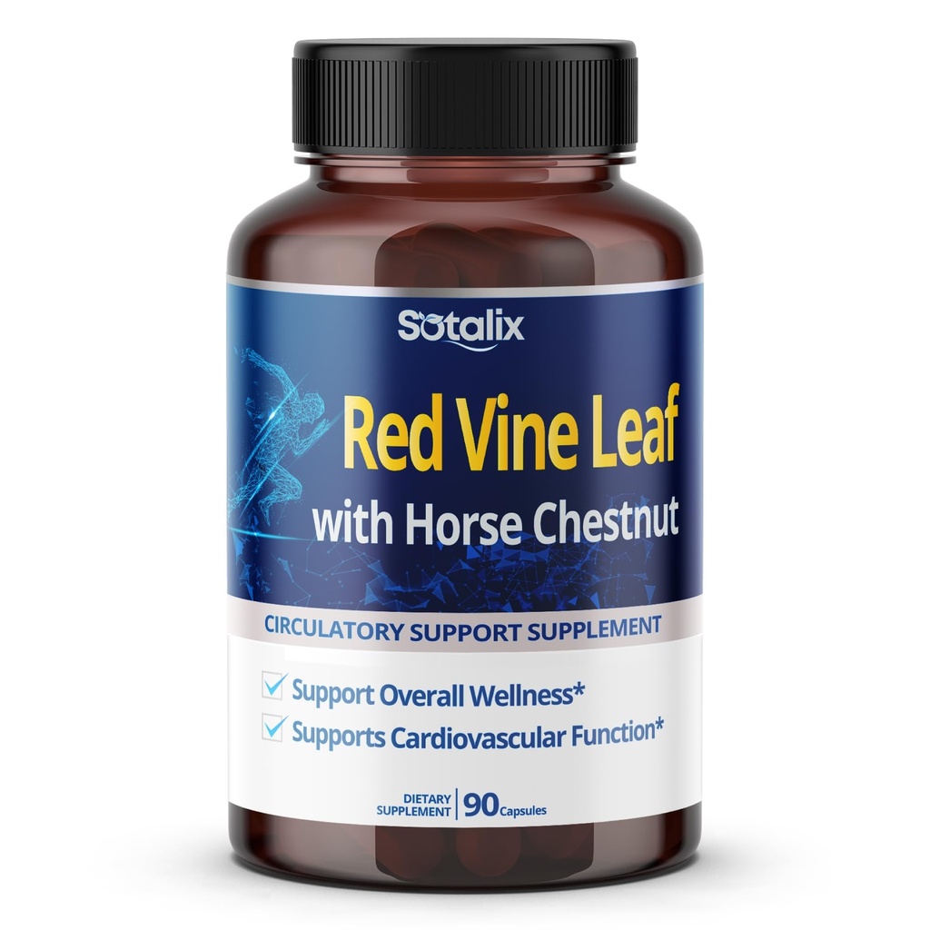 Red Vine Leaf och Horse Chestnut, 50% Flavonoids för Leg Vein Support, Skin, Heart Wellness - Tillverkad i USA