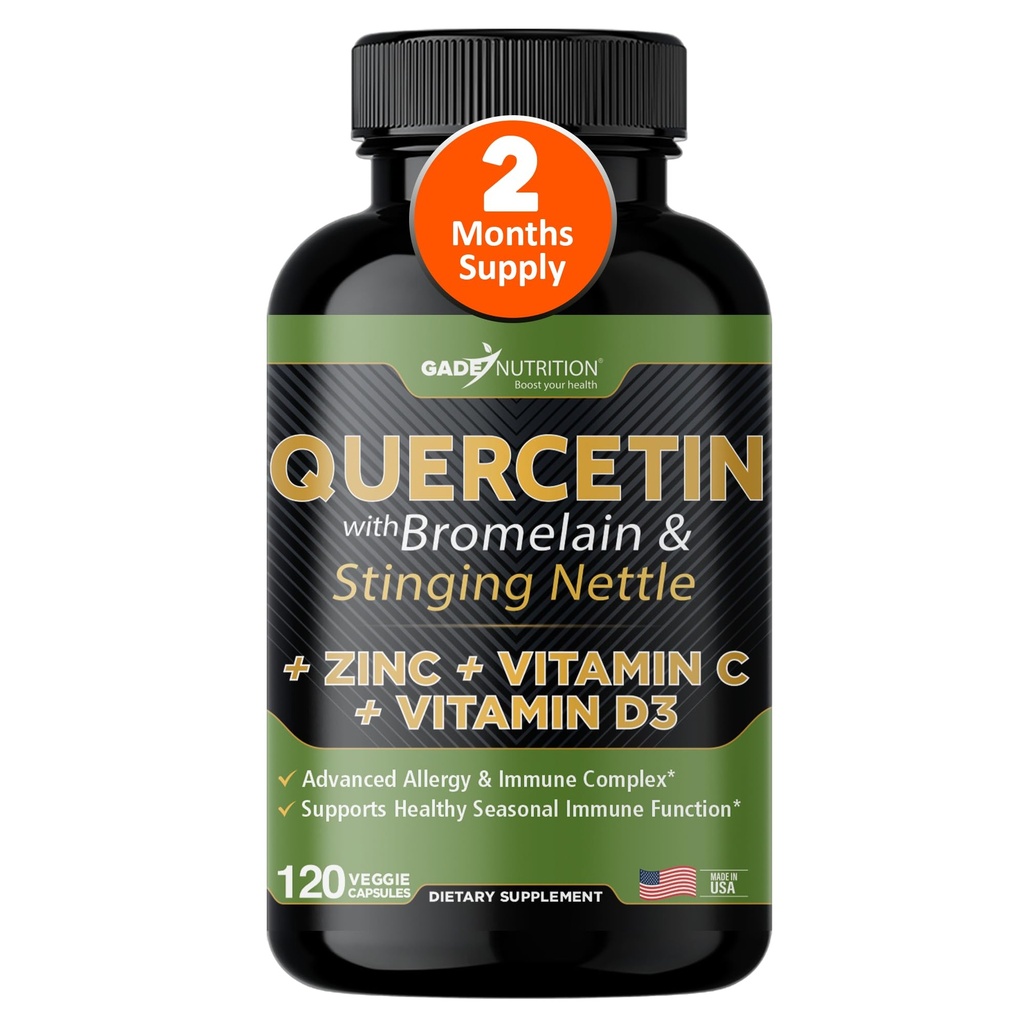Kvarsetiini C-vitamiinin ja sinkin kanssa - Nettle Quercetin - Quercetin 500 mg - Quercetin kanssa bromeliini - Sinkki Quercetin + D3-vitamiini 120 kasviskapselit - (ei-GMO, Gluteeniton, Vegan) - 2 kuukauden tarjonta