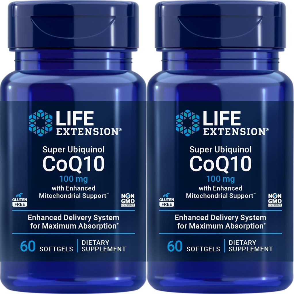 Life Extension Super Ubiquinol CoQ10 med förbättrad Mitochondrial Support 100 mg, 60 mjukgels (Pack of 2)