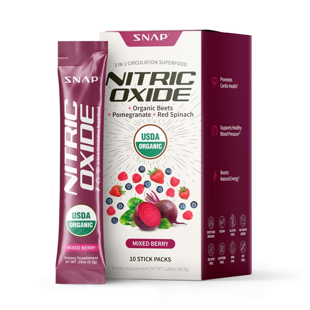 Snap lisäravinteet USDA Organic Beet Root Typpioksidi täydentää, tukee verenkiertoa ja tervettä verenpainetta jo normaalin alueella, 10 yhden Serm-Serve Packs, Mixed Berry