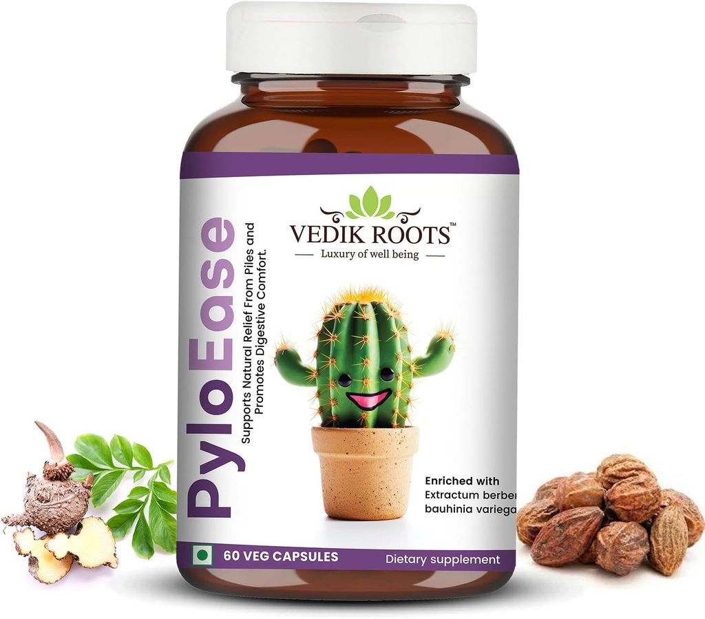 PyloEase | Ayurvedic Herbal Supplement traditionellt används för att stödja Digestive Comfort & Daily Balance | Associerad med Relief från Digestive Discomfort | 60 Veg Capsules, (Pack av 1)