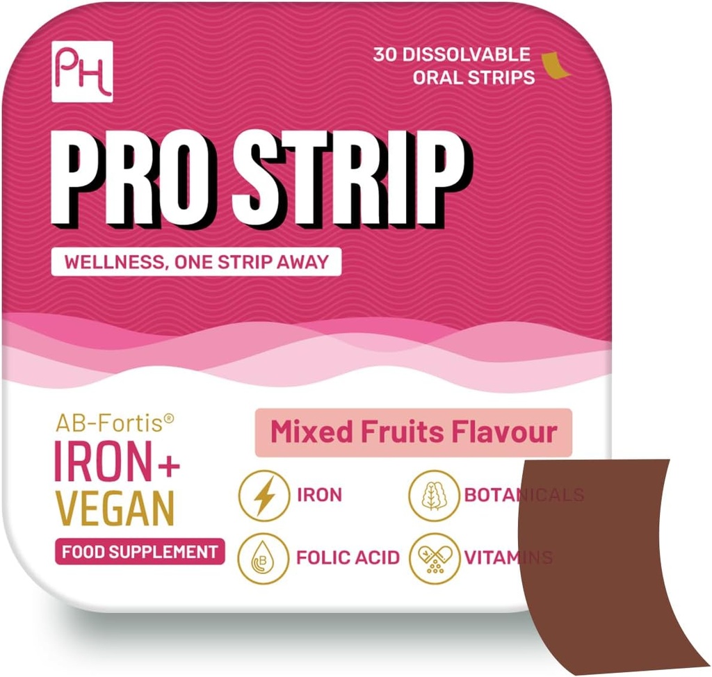 PROSTRIP® Iron+ AB-Fortis® 14mg Tillsatt med vitamin C, B1, B2, B6, Folsyra, Beetroot, Spinach och Tart Cherry - 30 Oral Vegan Strips - Inget vatten behövs - Hög Absorption av Prowise Healthcare