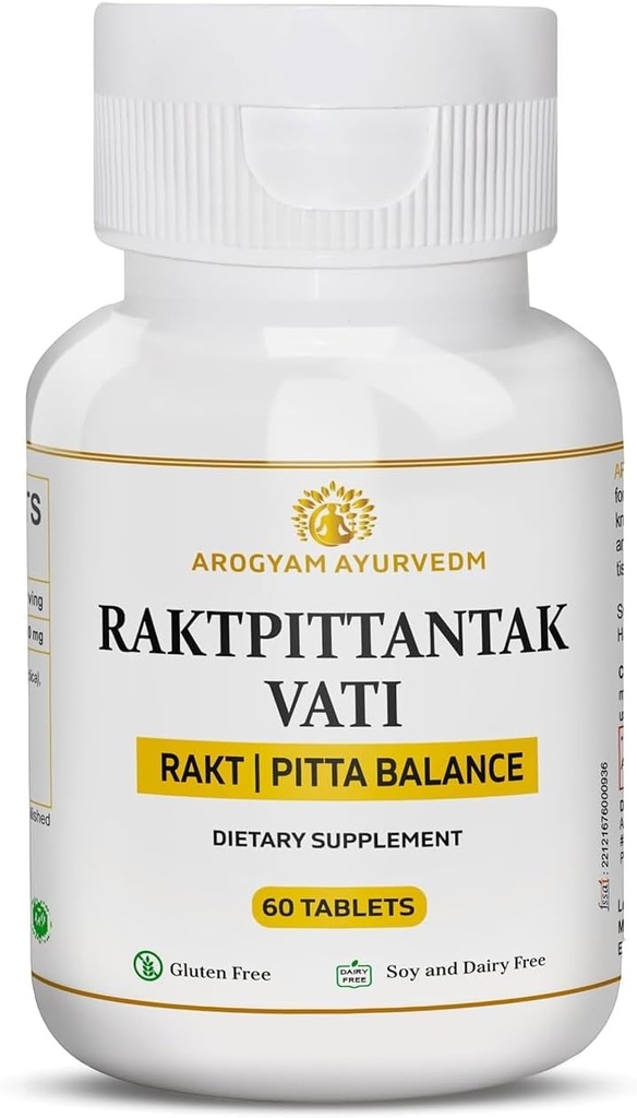 Dr. Pushp: n AROGYAM AYURVEDM RAKATPITTAK VATI Pitta Balance, verenpuhdistin- pakkaus 60 tablettia