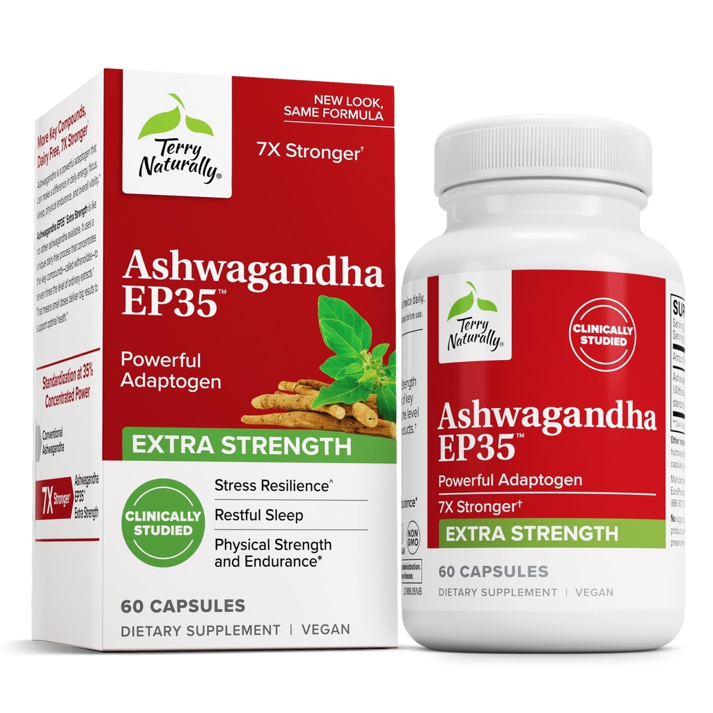 Terry Naturally Ashwagandha EP35 Extra Strength - Herbal Supplement for Sleep Support - Aid Healthy Stress Response - Endurance & Energy Support - 60 kapslar (60 portioner)