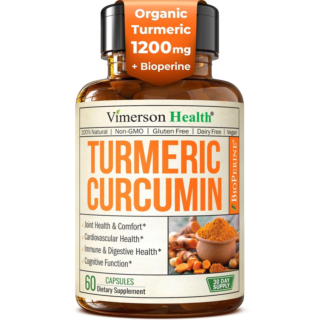 Gurkmeja Curcumin Supplement med Black Pepper Extract - High Potency Organic Turmeric 1200mg & 95% Curcuminoids för Joint & Digestive Health - Joint Support Supplement - 60 Vegan Curcuma Capsules