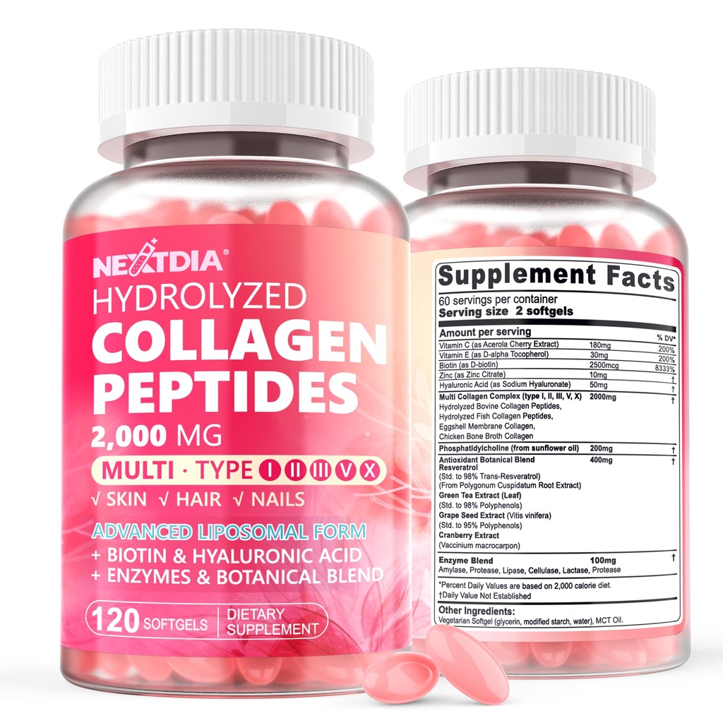 2 Pack Liposomal Collagen Peptides pillereitä naisille 2000mg, Multi Hydrolysed Collagen tyyppi I, II, III, V, X 2500 mcg Biotin - Collagen lisäravinteet Softgels hiukset, iho ja kynnet vitamiineja, 240 Cts