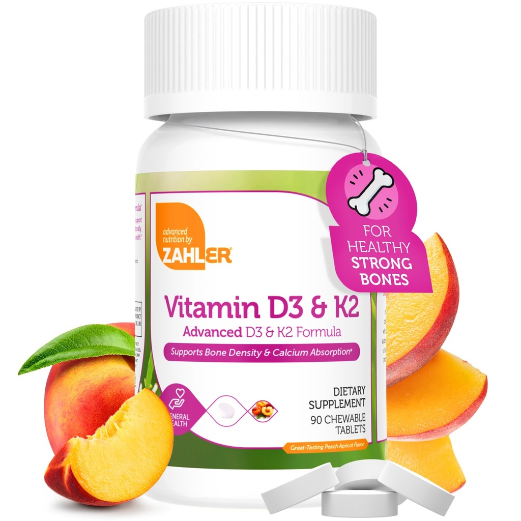 Zahler - D3-vitamiini ja K2-purutabletti (90 kreivi) - Certified Kosher K2 D3-vitamiini 5000 IU herkullinen purutabletti - D- ja K2-vitamiini kalsiumin imeytymiseen, luun tiheyteen ja immuunitukeen