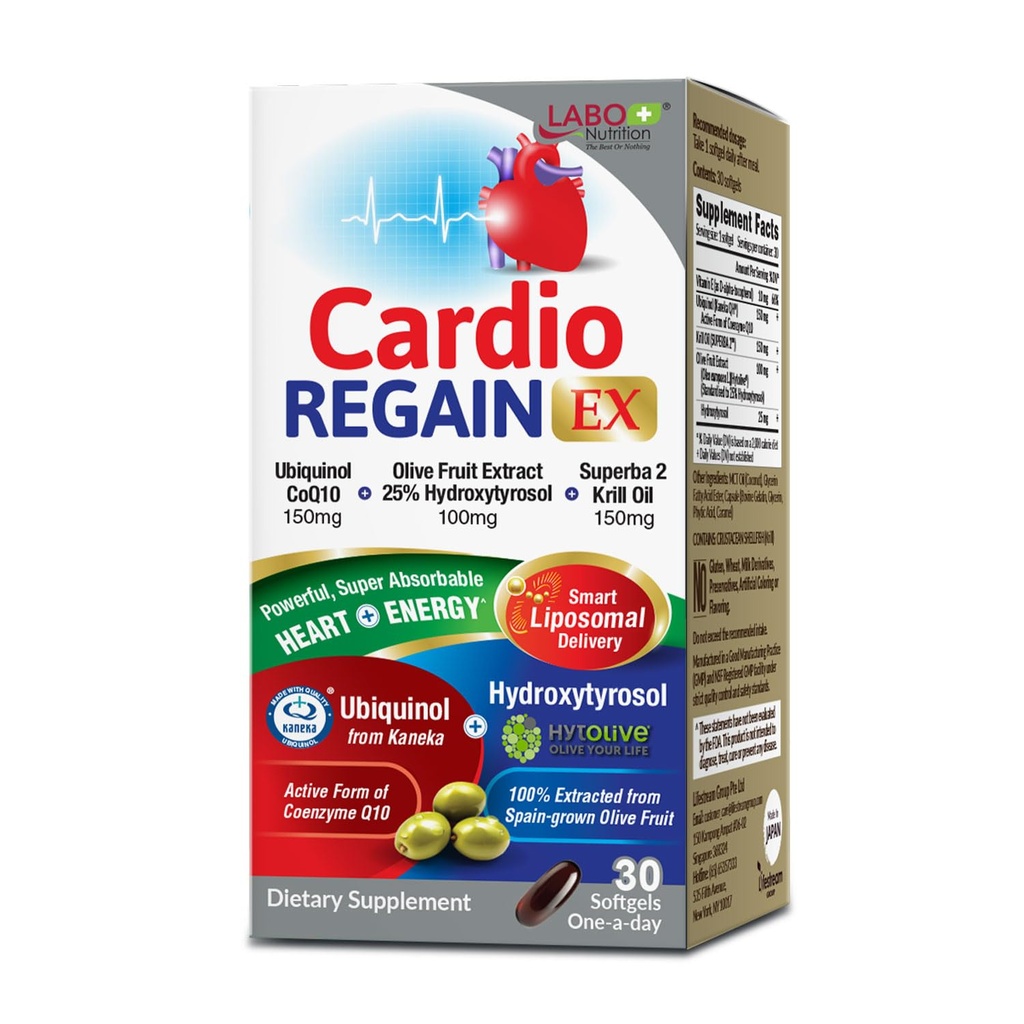 LABO Nutrition CardiOREGAIN EX ... Ubiquinol CoQ10 täydennysosa Kaneka QH 150 mg, Olive Fruit Extract (25% Hydroksityrosol), Krill Oil ...