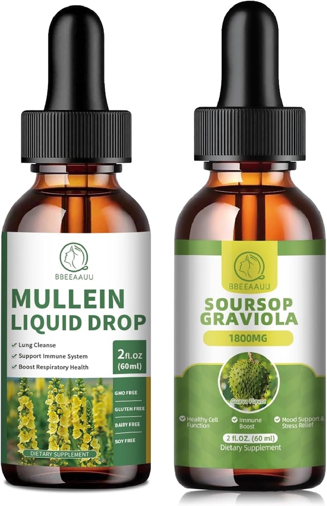 Mullein Drops för Lungs, Mullein Leaf Extract 1000MG för Lung Cleanse & Soursop Graviola Liquid Drops 1800mg, Soursop Leaves Extract för Cell Regeneration