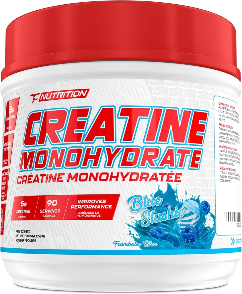 TC Nutrition Creatiini Monohydraatti Powder 5g - Pure Creatiini Powder for Lisääntynyt vahvuus, lihasten kasvua, parantaa kestävyyttä ja suorituskykyä (90 Servings - Blue Slushie, 90 Tarjoilut - Sininen Slushie)