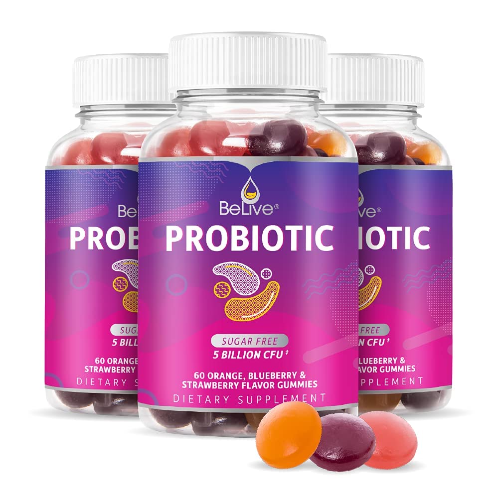 BeLive Probiotic Gummies - Probiotika med 5 miljarder CFU: er för matsmältningshälsa, män, kvinnor och barnprobiotiska tillskott för immunstöd, sockerfri och vegan - blåbär, jordgubbar och orange | 3-pack