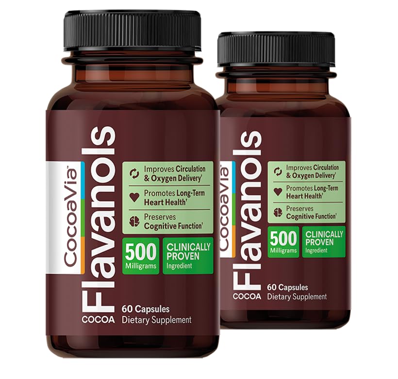 CocoaVia Cardio Health Supplement, 60 Day, 500mg Cocoa Flavanols, Support Heart Health, Boost Typpioksidi, Verenkierto, Energia, Vegan, Tumma suklaa, 120 kapselia