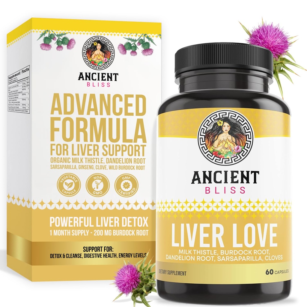 Ancient Bliss Liver Love - Natural Milk Thistle Liver Detox ja Liver Health Cleanse Supplement - Tuki Terve maksa miehillä ja naisilla - 60 kapselia - kanssa Burdock, Voikukka, Mausteneilikka, ja enemmän