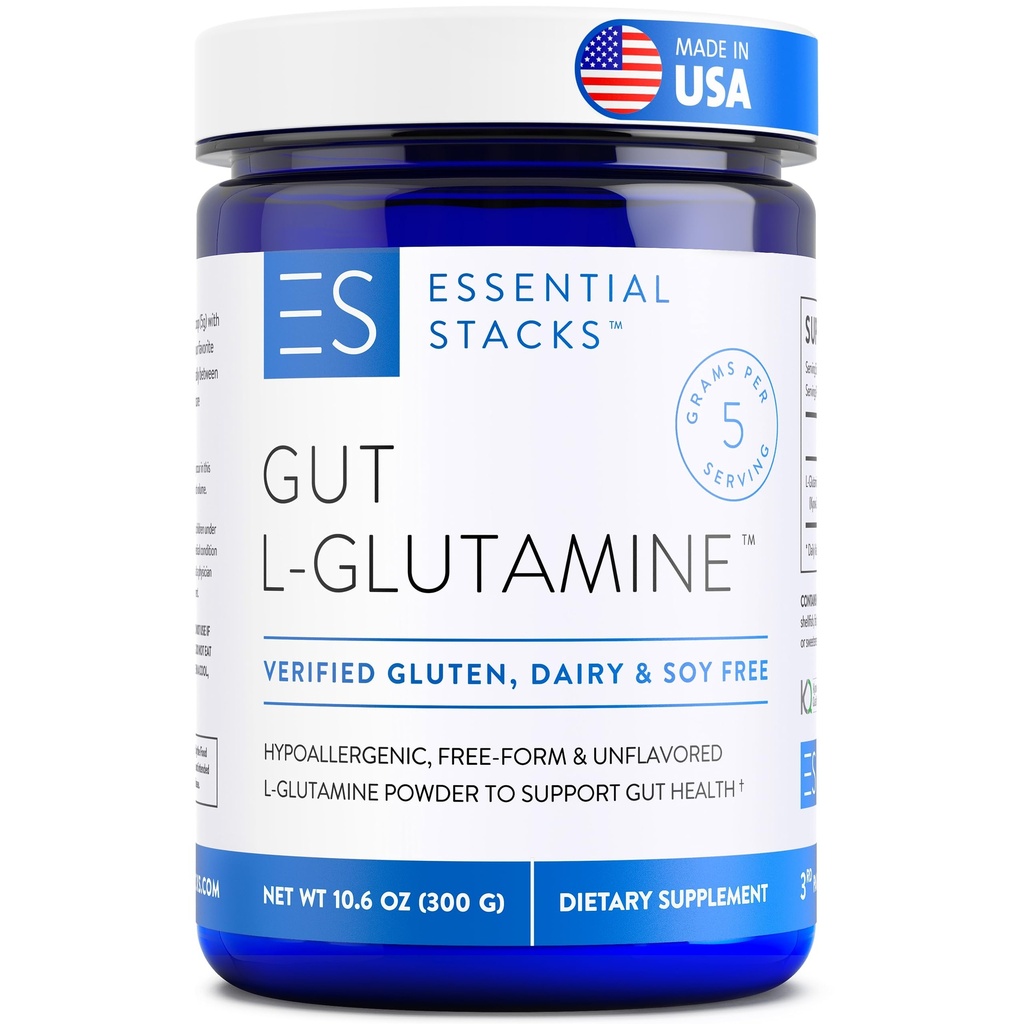 Essential Stacks Gut L-Glutaminpulver - Exclusively Made in USA - Pure L Glutaminpulver för Gut Health (60 portioner, osmakad)