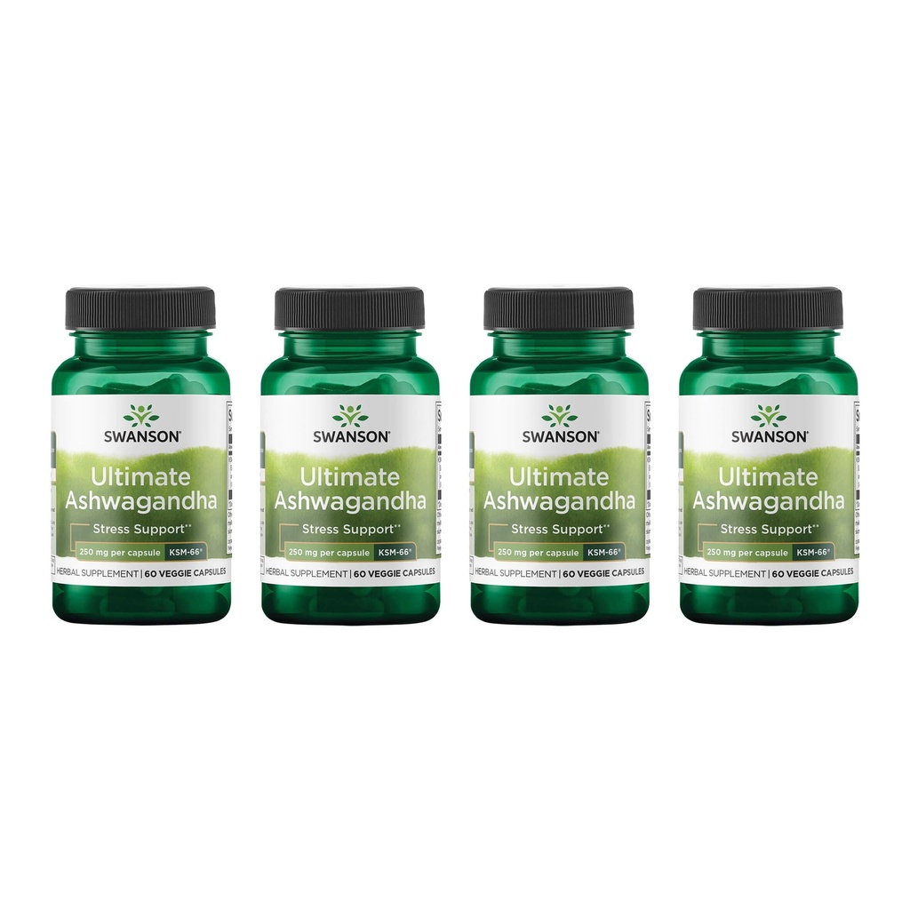 Swanson Ultimate Ashwagandha KSM-66 - Herbal Supplement Supporting Healthy Stress Levels & Relaxation - Natural Formel för att främja en lugn och avkopplad Mindset - (60 Veggie Capsules, 250mg Varje) (4 Pack)