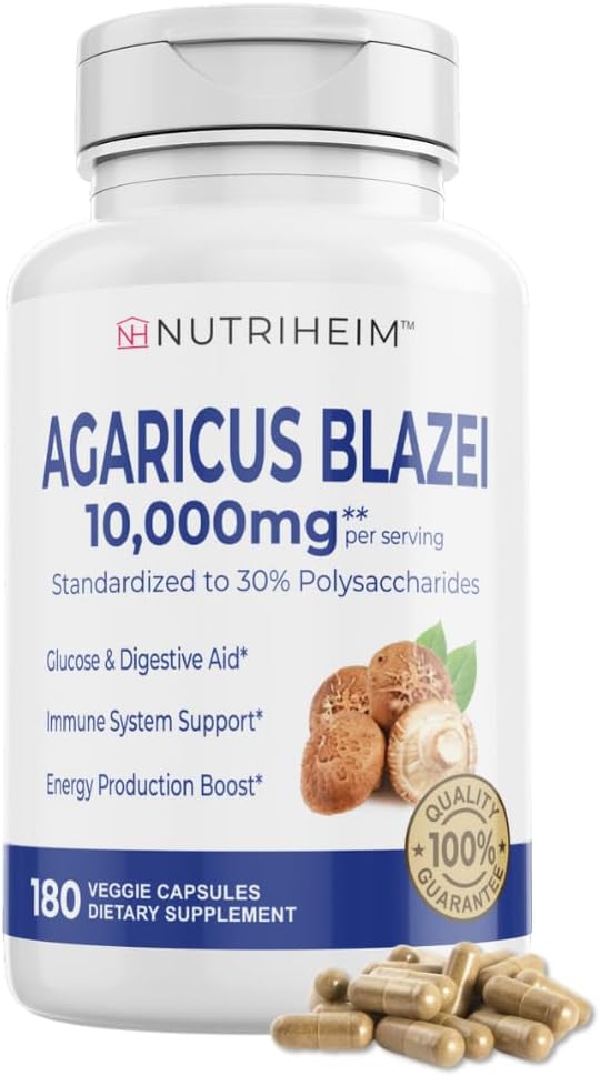 Agaricus Blazei Organic Mushroom Extract för Immune & Energy Support - 30% Polysaccharides & 180 Veggie kapslar - Non-GMO, Gluten-Free, Vegan-Friendly Supplement