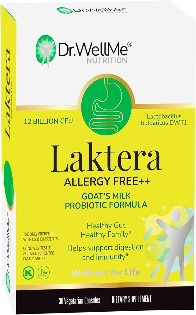 Dr WellMe Laktera Allergy-Free Probiotics - 30 kapslar, 12B CFU Goats mjölkprobiotiska formel, Immune & Gut Health Supplements - Low Lactose, Gluten-Free för vuxna & 7 + Barnbarn