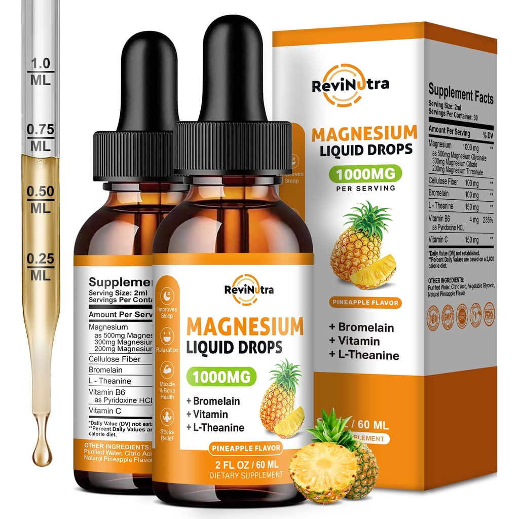 2 Pakkaus Magnesium Glycinate Liquid Drops, 1000 mg nestemäistä Magnesium Complex Drops for Sleep, Hermo, Energia, Lihas, Luu, Rauhoitu & Ruokavalio, Korkea Imeytyminen, 2 Fl Oz, Ananas Flavor