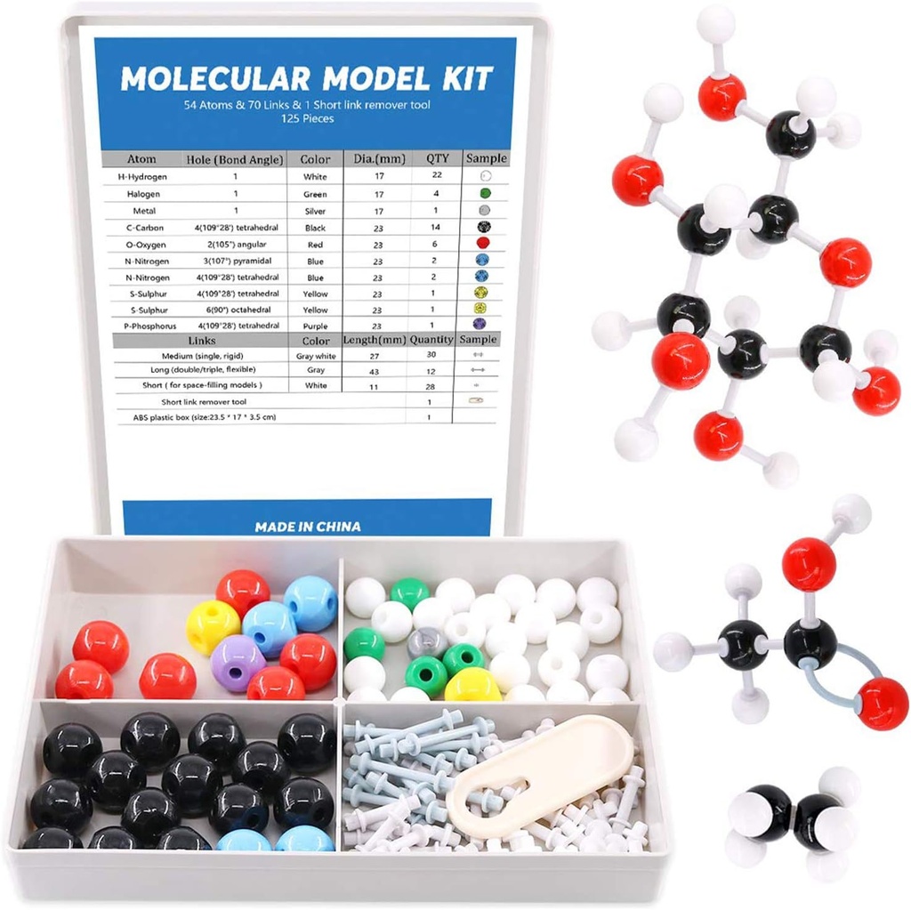 Swpeet 125 Pcs Molecular Model Kit för oorganisk och organisk molekylär modelllärare och 16 år och över studentkit - 54 Atoms & 70 Links & 1 Short Link Remover Tool - Science Toys