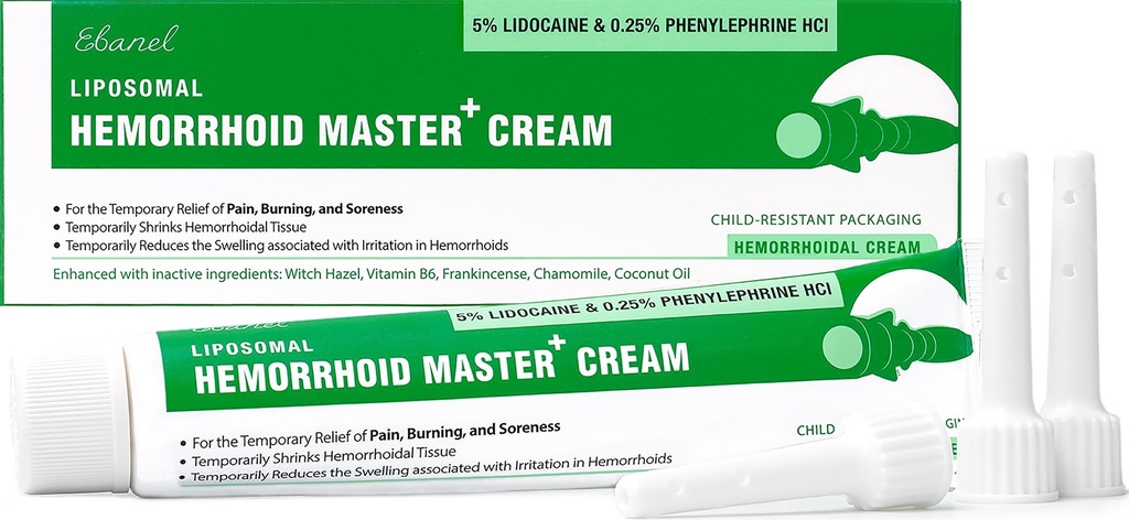 Ebanel 5% Lidocaine Hemorrhoid Behandling Cream med häxa Hazel, Phenylephrine, Horse Chestnut, Vitamin B6, Zink Oxide, Extern och Internal Hemorrhoids Behandling Bränn Itch Pain Relief Anal Cream