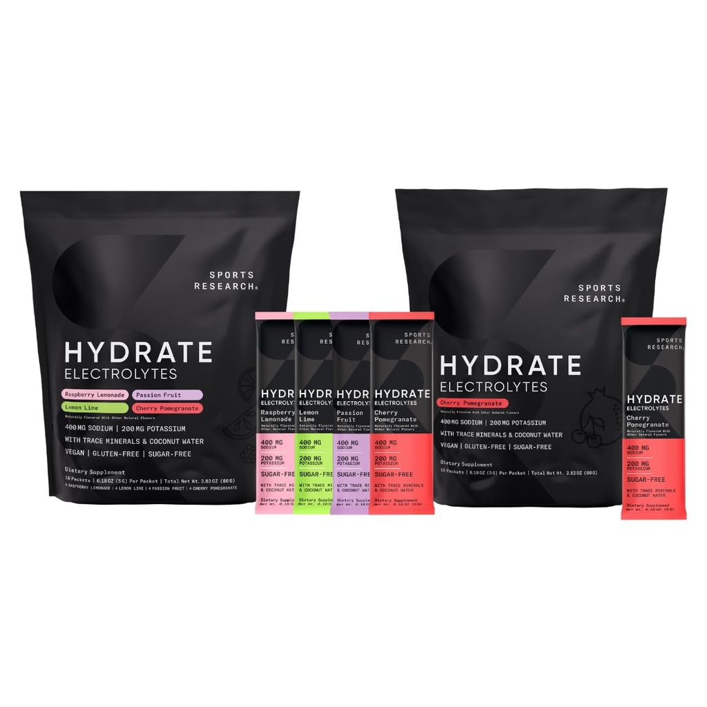 Sportforskning Hydrate Electrolytes Combo Pack - Sugar-Free & Naturligt smaksatt med vitaminer, mineraler och kokosvatten - Stöder Hydration - 32 paket - Cherry Pomegranate Dominant smak
