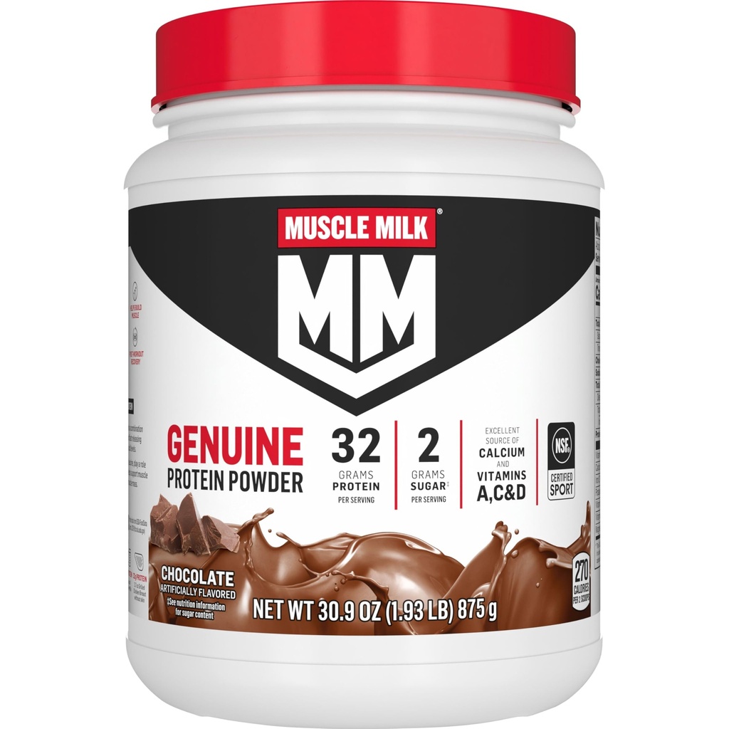 Muskelmjölk äkta proteinpulver, choklad, 1,93 pund, 13 portioner, 32g protein, 2g socker, kalcium, vitamin A, C & D, NSF Certified for Sport, Energizing Snack, Packaging May Vary