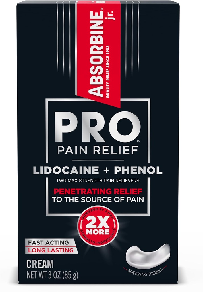 ABSORBINE JR. Absorbine Jr. PRO Max Strength Lidocaine Cream, Maximal Pain Relief med Phenol för Fast-Acting of Nerve Pain, Muscle Aches och Joint Discomfort, Non-Greasy Formel, 3oz. Tube, 1