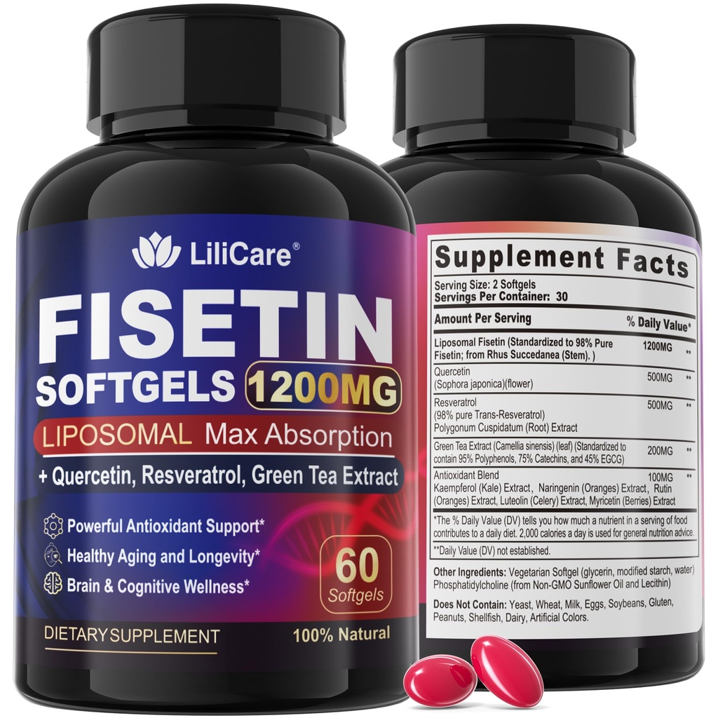 Fisetin Supplement - Liposomal Super Absorption 98% Pure 1200mg med Quercetin, Resveratrol, Green Tea Extract för hälsosam åldrande och livslängd, hudhälsa, hjärna och antioxidant - 60 Softgels