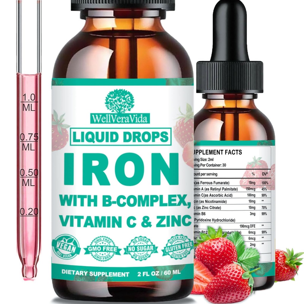 Liquid Iron Supplement w/Vitamin C, B-Complex, High Potency Iron Liquid w. Multivitamiini, Vegan Iron Drops naisille, lapsille, Chelate Liquid Iron Supplement for Anemia, väsymys, Red Blood Cell Support