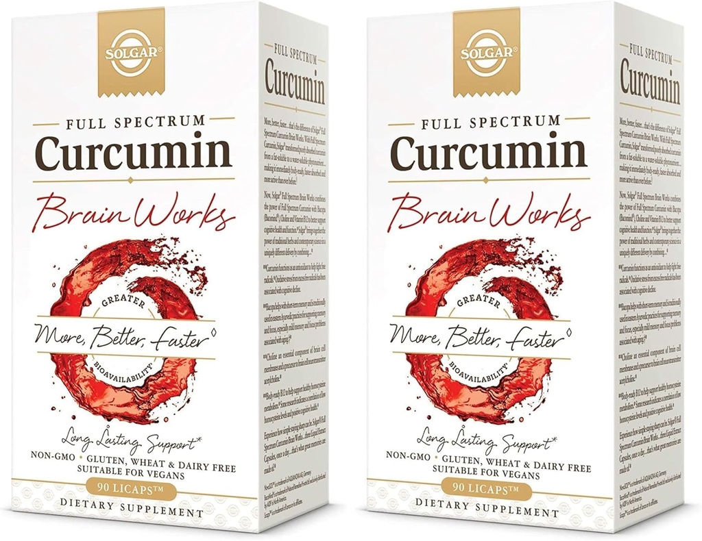 Solgar Full Spectrum Curcumin Brain Works, 90 Licaps - Tuki muisti muistaa, keskittyä, kognitiivinen toiminto - antioksidantti tuki - Curcumin, BacoMind, koliini, B12-vitamiini - ei-GMO, Vegan - (paketti 2)