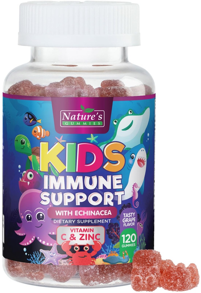 Lapset Immunosupport Supplement Gummies - Daily Childrens Vitamiinit C, Sinkki & Echinacea - Gummy for Kids Immuniteetti Tuki, ikä 4 ja ylös, Natural Berry Flavor, Ei-GMO, Gluteenittomat & Vegan - 120 Gummies