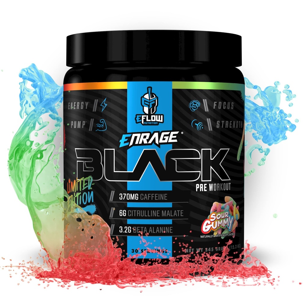 eFlow ravitsemus Enrage Black High Stimulant Pre Treout täydennysosa - Preworkout jauhe Boost energiaa, pumppuja ja voimaa - 4 makuja (30 tarjoilua) (Sour Gummy)