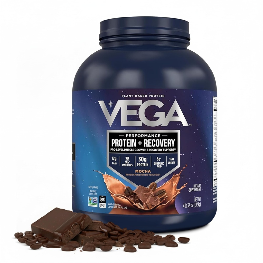 Vega Sport Vegan Protein Powder + Recovery - 30g Plant Based Protein per Servering, Mocha, 45 portioner, 5g BCAA, Probiotika, NSF Certified, för Shakes & Smoothies, 4.2lbs (Packaging May Vary)