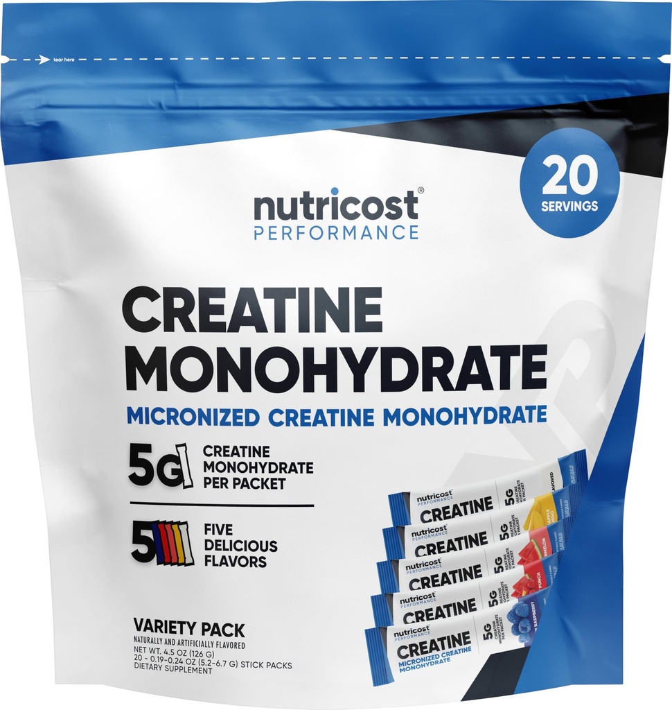 Nutricost Creatine Monohydratpulver Variety Stickpacks (5 smaker, 20 portioner) - Micronized, 5 Grams of Creatine Monohydrate Per Pack