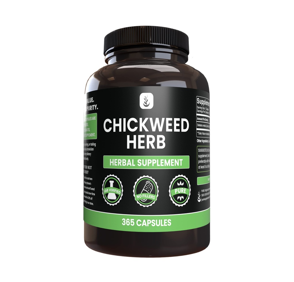 PURE ALKUPERÄISET AINEET Chickweed Herb (365 kapselia), Ei magnesiumia tai riisiä Fillers, aina puhdas, Lab vahvistettu