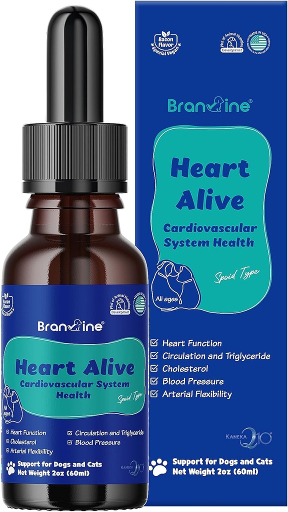 Heart Alive Liquid Cardiovascular System Health for Dogs and Cats-Norwegian Fish Oil, Coenzyme Q10, K2-vitamiini, Policosanol, Hawthorn Berry Extract, Vegan Bacon Flavor (60ml)