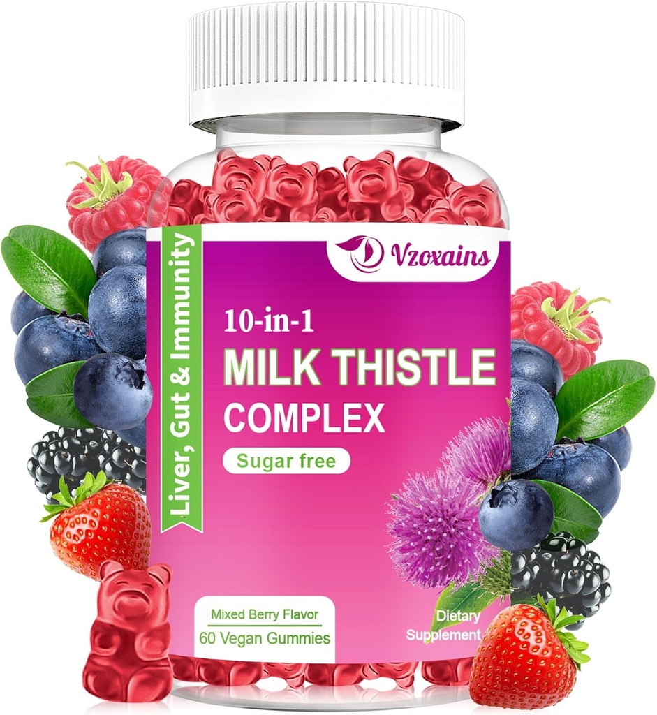 Milk Thistle Gummies, 10-in-1 kasviperäisten Formula maksan Cleanse Detox & Korjaa voikukan juuri, Turmeeric, Artisokka - Optimal Liver Function and Diveral Health - Mixed Berry Flavor