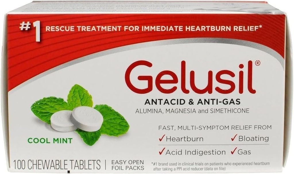Gelusil Antasidit ja kaasutabletit närästyksen lievittämiseen, happorefluksi, turvotus ja kaasu, Cool Mint - 100ct läpipainopakkaus