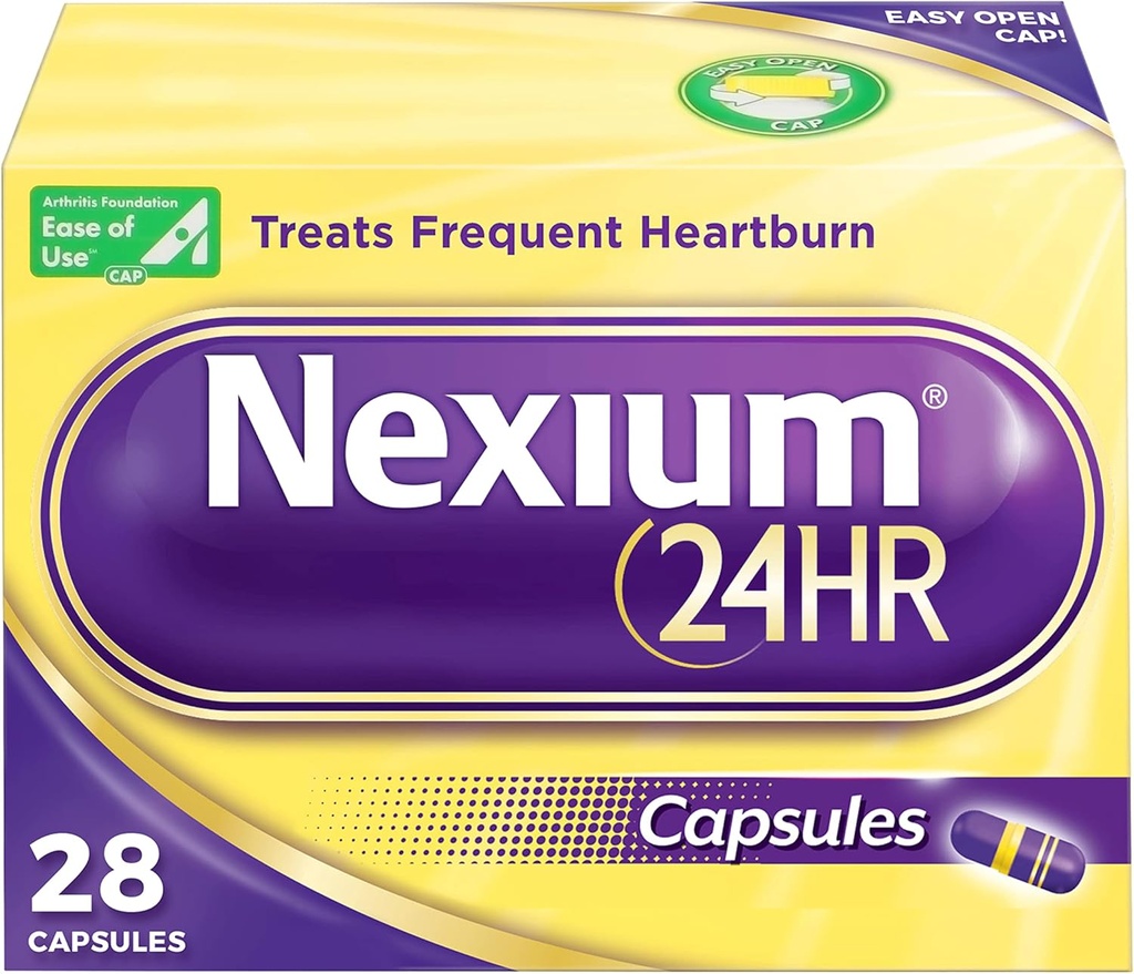 Nexium 24HR Acid Reducer Heathburn Relief Capsules for All-Day and All-Night Protection from French Heathburn, Heathburn Medicine with Esomeprazole Magnesium - 28 Count