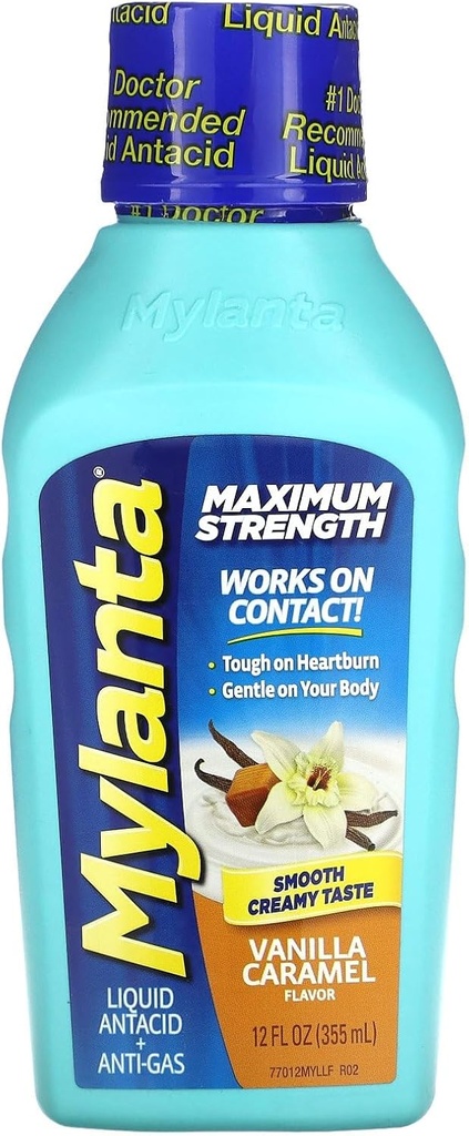 Mylanta Antacid and Gas Relief, Maximum Strength Formel, Vanilla Caramel Flavor, 12 Fluid Ounce