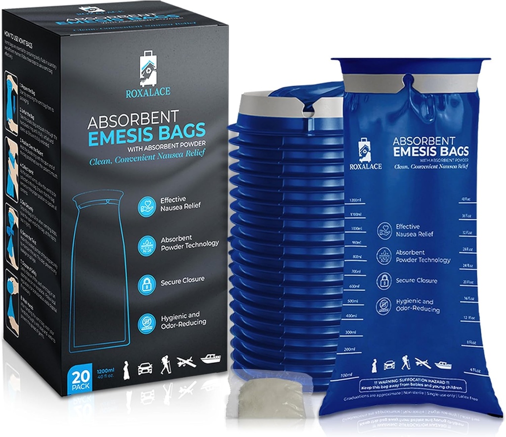 ROXALACE® Oksennuspussit Absorbenttijauhetta pahoinvointiin ja oksenteluun Relief - 20 pakkausta 1200 ml, matkaystävällinen, Hygienic Solution for Motion Sairaudessa, aamusairaudessa, hoidossa ja hätätilanteissa