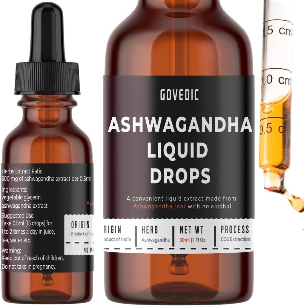 Ashwagandha Liquid Drops Concentrated 1 Fl Oz 30ml | 60 portioner av 500mg Organic Root Tincture Extract Supplement | Stress Relief, Energy & Immunity, Mental Focus, Fast Absorption